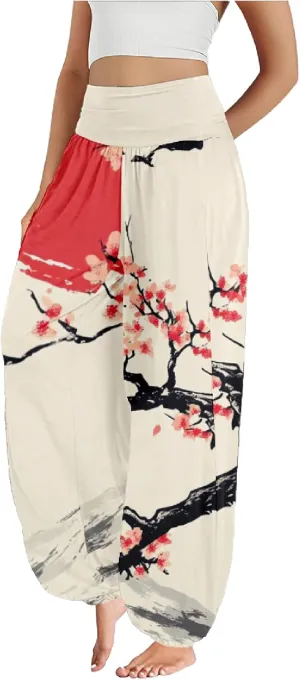 Boho Pants for Women Wide Leg Japanese Art Printed Harem Pants High Waist Plus Size Hippie Flowy Baggy Yoga Trousers