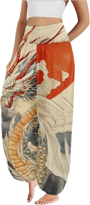 Boho Pants for Women Wide Leg Japanese Art Printed Harem Pants High Waist Plus Size Hippie Flowy Baggy Yoga Trousers