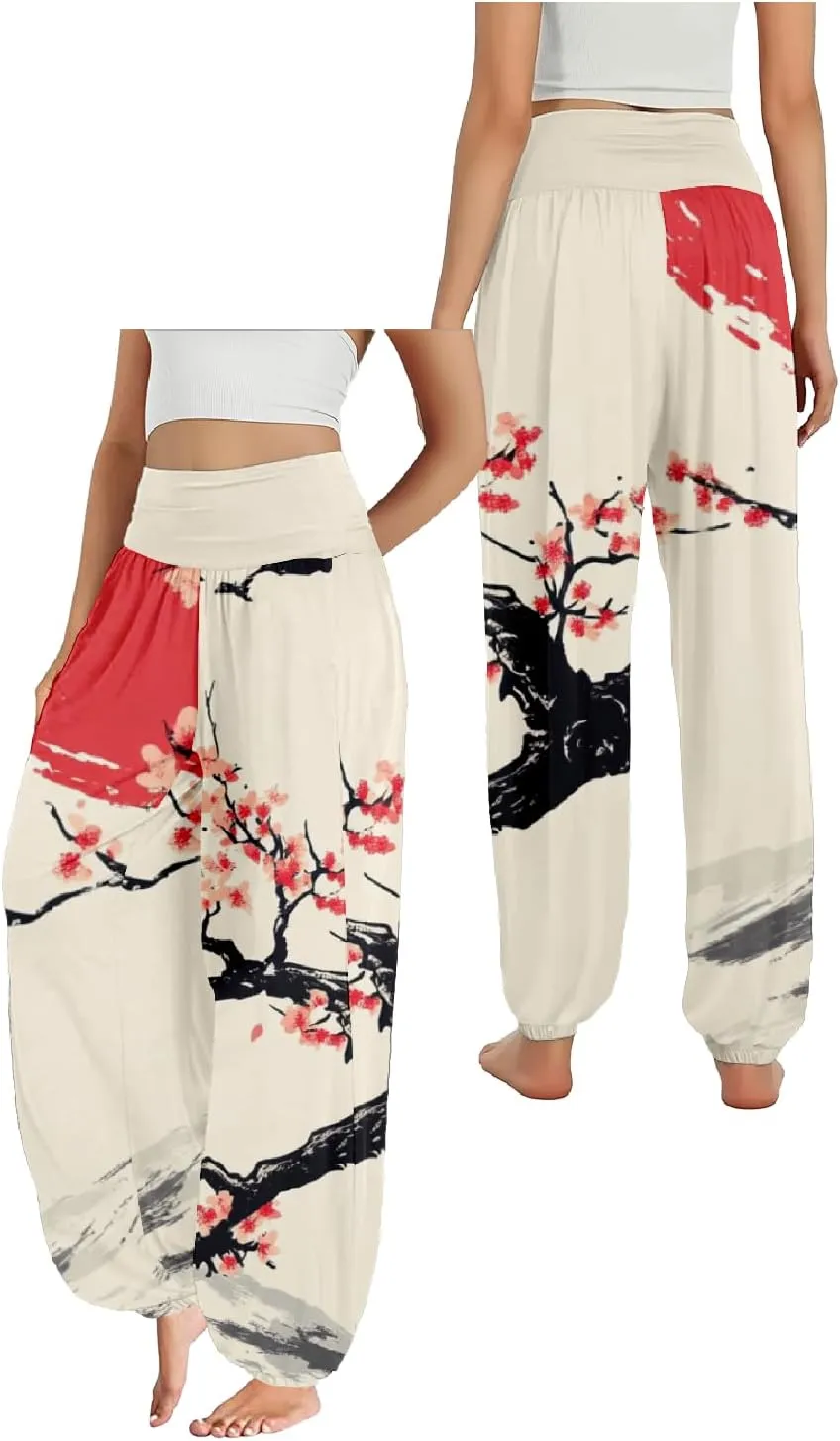 Boho Pants for Women Wide Leg Japanese Art Printed Harem Pants High Waist Plus Size Hippie Flowy Baggy Yoga Trousers
