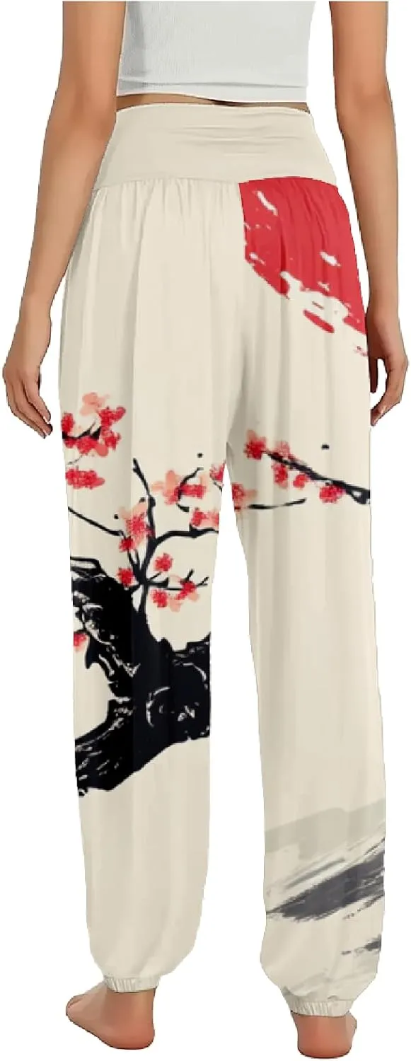 Boho Pants for Women Wide Leg Japanese Art Printed Harem Pants High Waist Plus Size Hippie Flowy Baggy Yoga Trousers