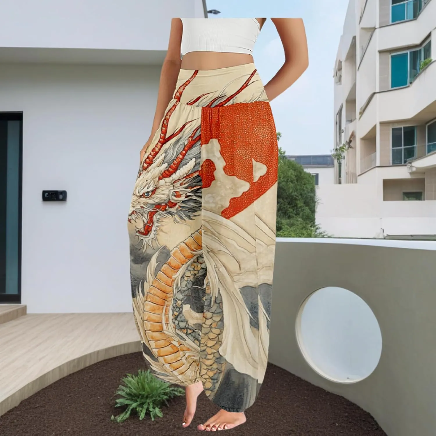 Boho Pants for Women Wide Leg Japanese Art Printed Harem Pants High Waist Plus Size Hippie Flowy Baggy Yoga Trousers
