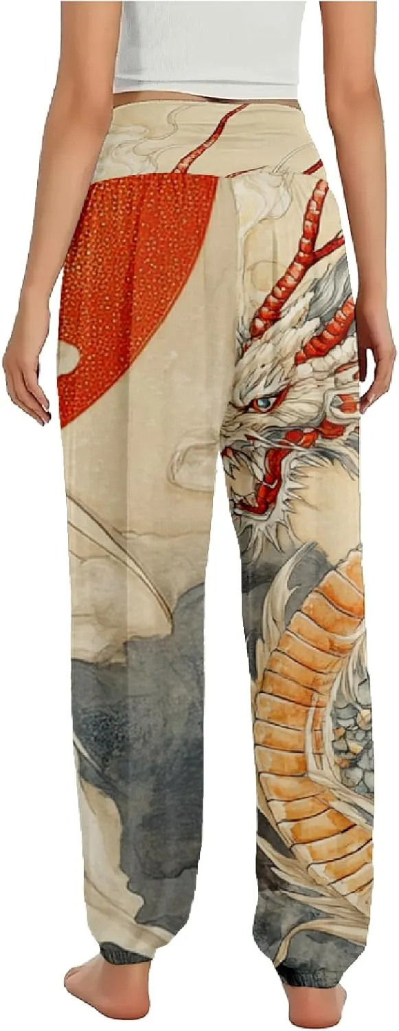 Boho Pants for Women Wide Leg Japanese Art Printed Harem Pants High Waist Plus Size Hippie Flowy Baggy Yoga Trousers