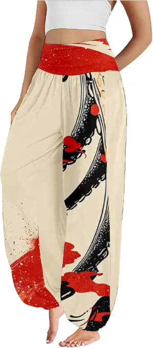 Boho Pants for Women Wide Leg Japanese Art Printed Harem Pants High Waist Plus Size Hippie Flowy Baggy Yoga Trousers