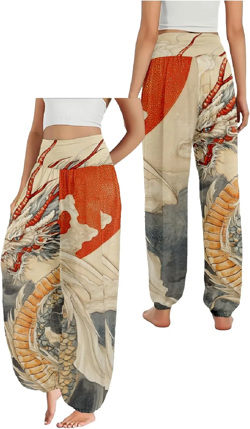 Boho Pants for Women Wide Leg Japanese Art Printed Harem Pants High Waist Plus Size Hippie Flowy Baggy Yoga Trousers