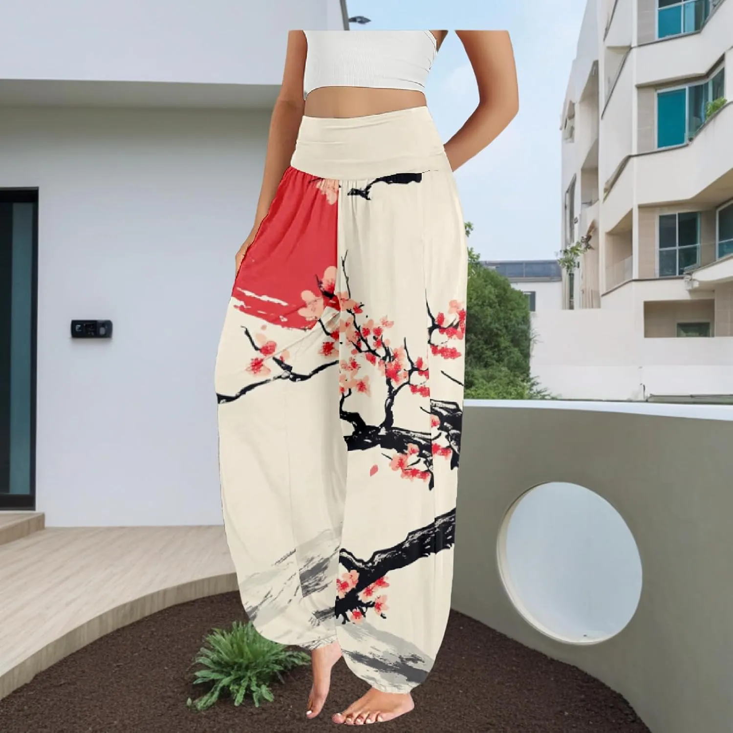 Boho Pants for Women Wide Leg Japanese Art Printed Harem Pants High Waist Plus Size Hippie Flowy Baggy Yoga Trousers