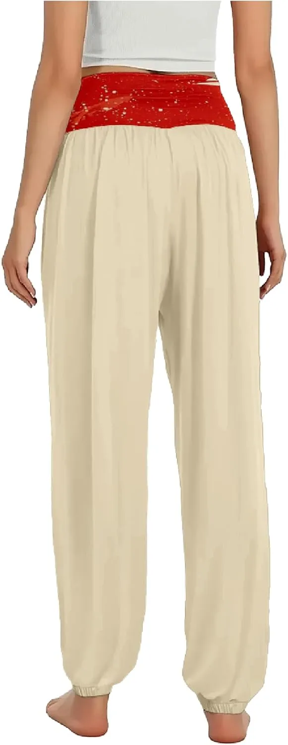 Boho Pants for Women Wide Leg Japanese Art Printed Harem Pants High Waist Plus Size Hippie Flowy Baggy Yoga Trousers