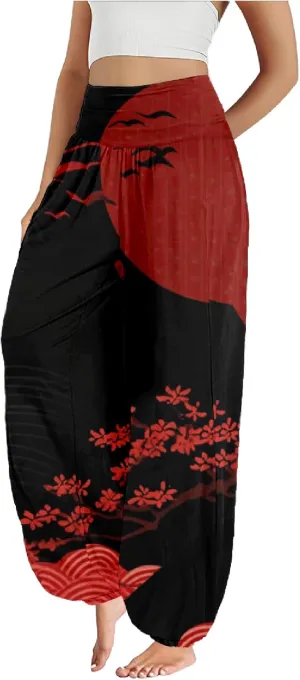 Boho Pants for Women Wide Leg Japanese Art Printed Harem Pants High Waist Plus Size Hippie Flowy Baggy Yoga Trousers