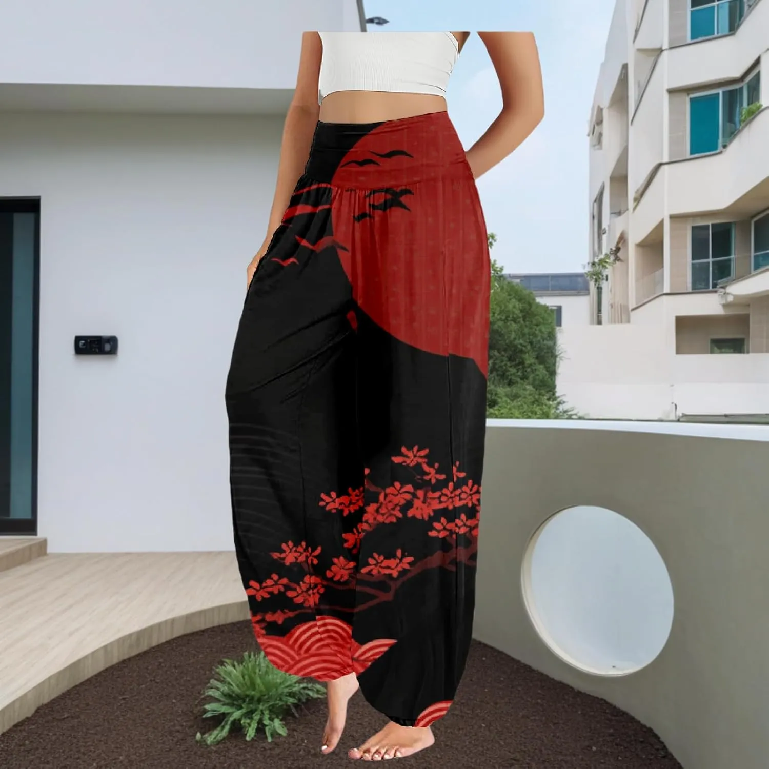 Boho Pants for Women Wide Leg Japanese Art Printed Harem Pants High Waist Plus Size Hippie Flowy Baggy Yoga Trousers