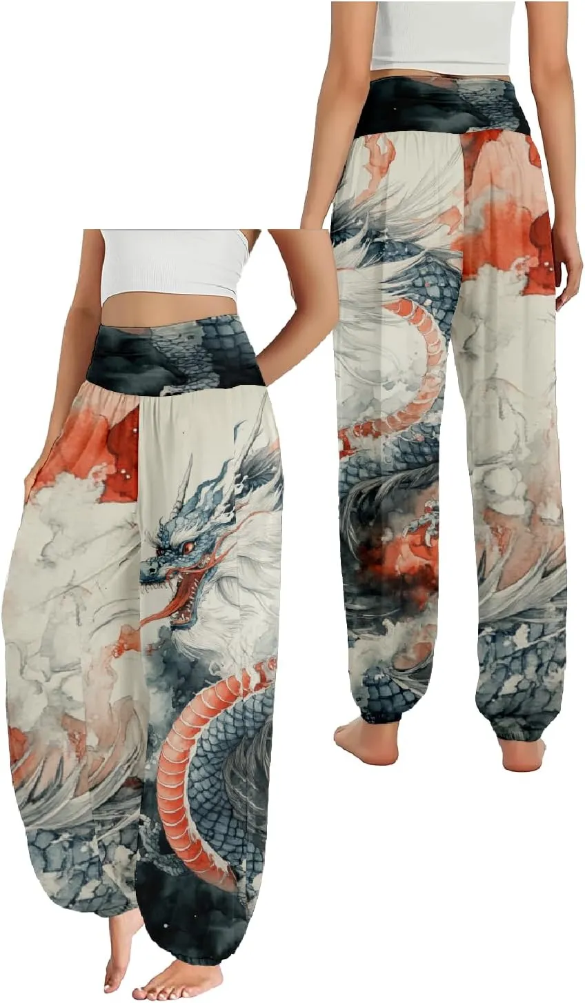 Boho Pants for Women Wide Leg Japanese Art Printed Harem Pants High Waist Plus Size Hippie Flowy Baggy Yoga Trousers