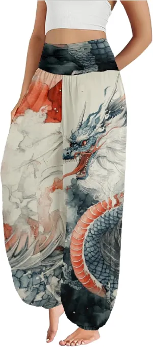Boho Pants for Women Wide Leg Japanese Art Printed Harem Pants High Waist Plus Size Hippie Flowy Baggy Yoga Trousers