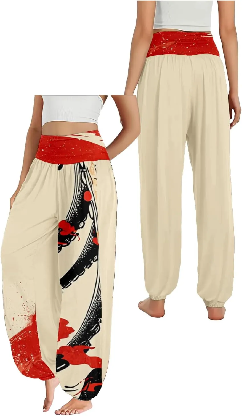 Boho Pants for Women Wide Leg Japanese Art Printed Harem Pants High Waist Plus Size Hippie Flowy Baggy Yoga Trousers