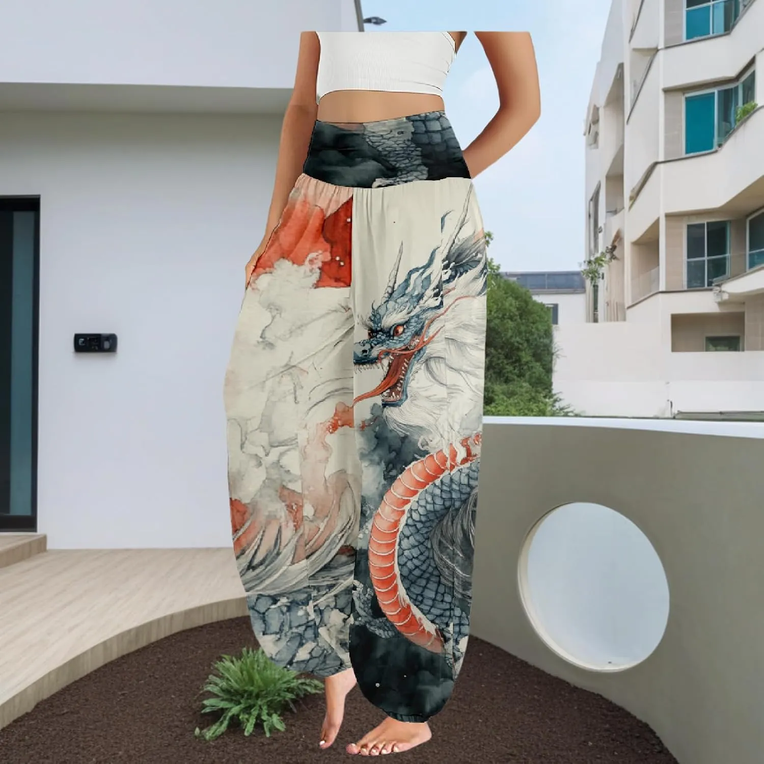 Boho Pants for Women Wide Leg Japanese Art Printed Harem Pants High Waist Plus Size Hippie Flowy Baggy Yoga Trousers