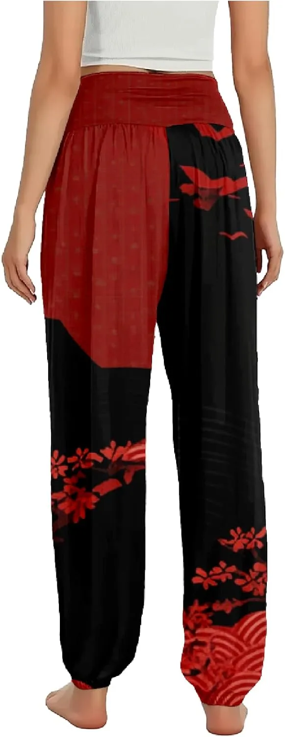 Boho Pants for Women Wide Leg Japanese Art Printed Harem Pants High Waist Plus Size Hippie Flowy Baggy Yoga Trousers