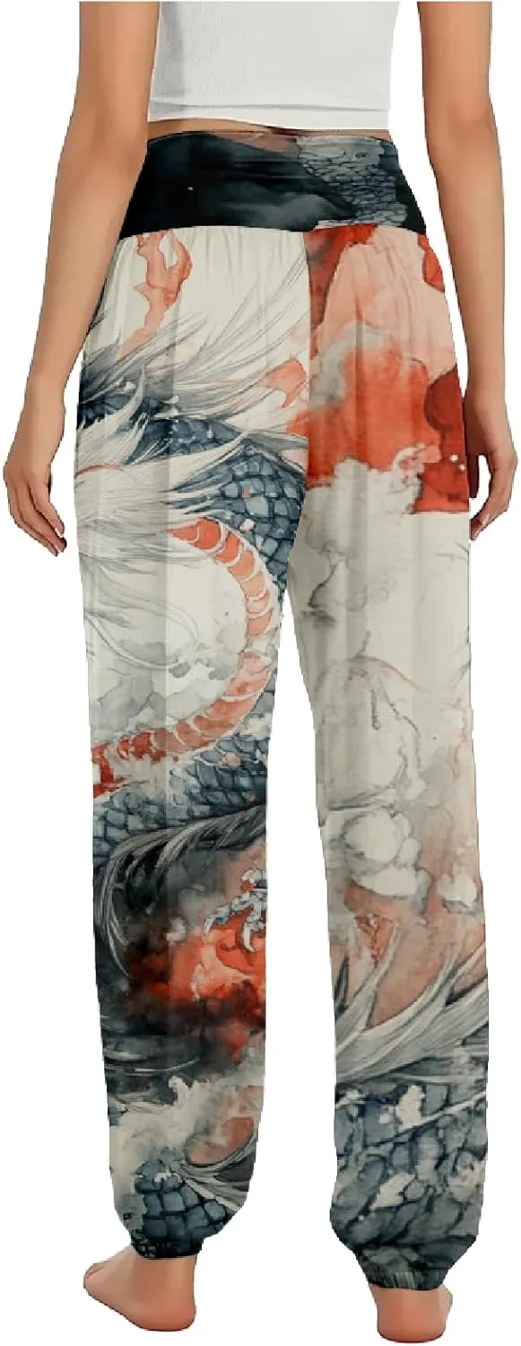 Boho Pants for Women Wide Leg Japanese Art Printed Harem Pants High Waist Plus Size Hippie Flowy Baggy Yoga Trousers