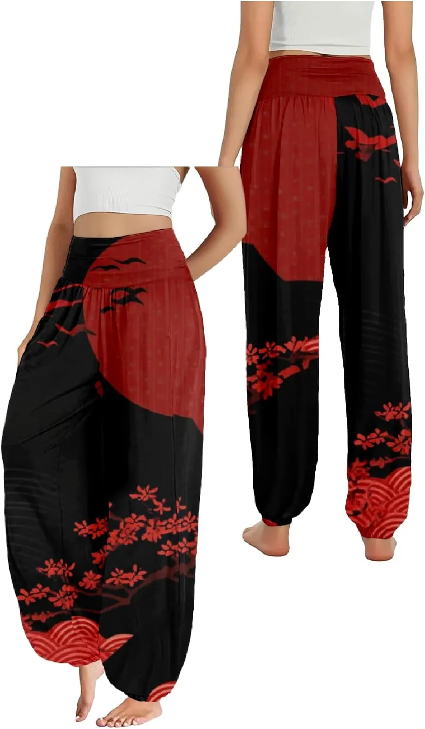 Boho Pants for Women Wide Leg Japanese Art Printed Harem Pants High Waist Plus Size Hippie Flowy Baggy Yoga Trousers