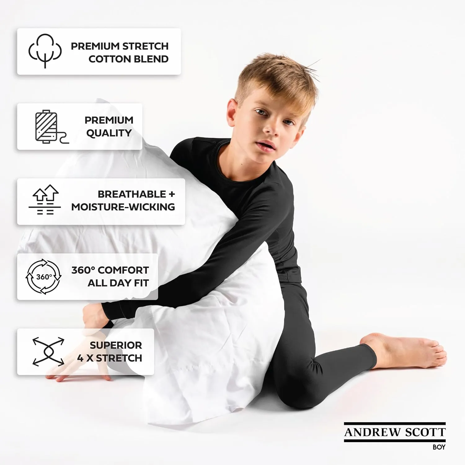 Boys Long Sleeve Performace Tops| Base Layer All Season Cotton Stretch Color Shirts| Multi Packs -Colors