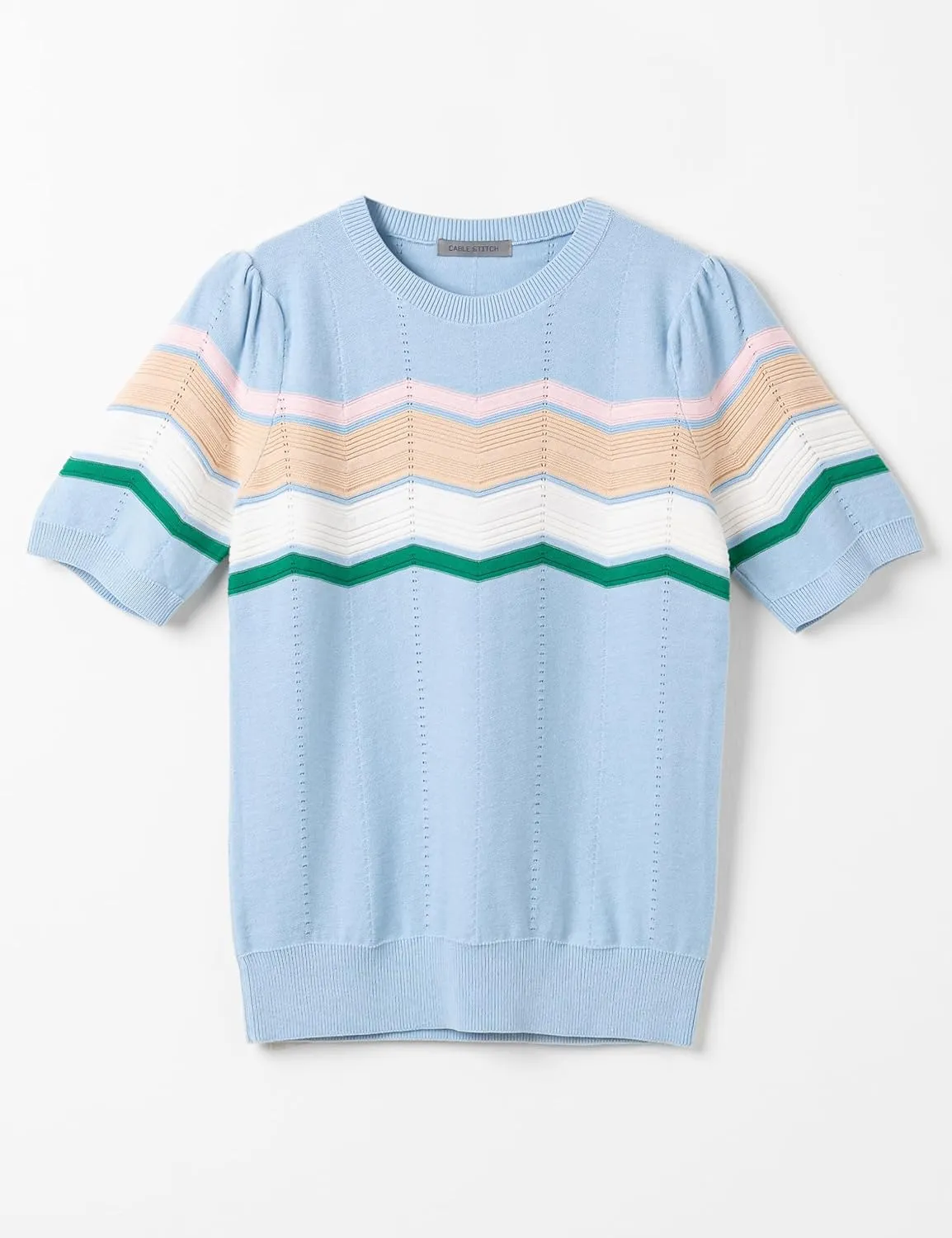 Cable Stitch Women's Zig Zag Stitch Short Sleeve Sweater - Crewneck Soft Cotton Pullover Knit Top