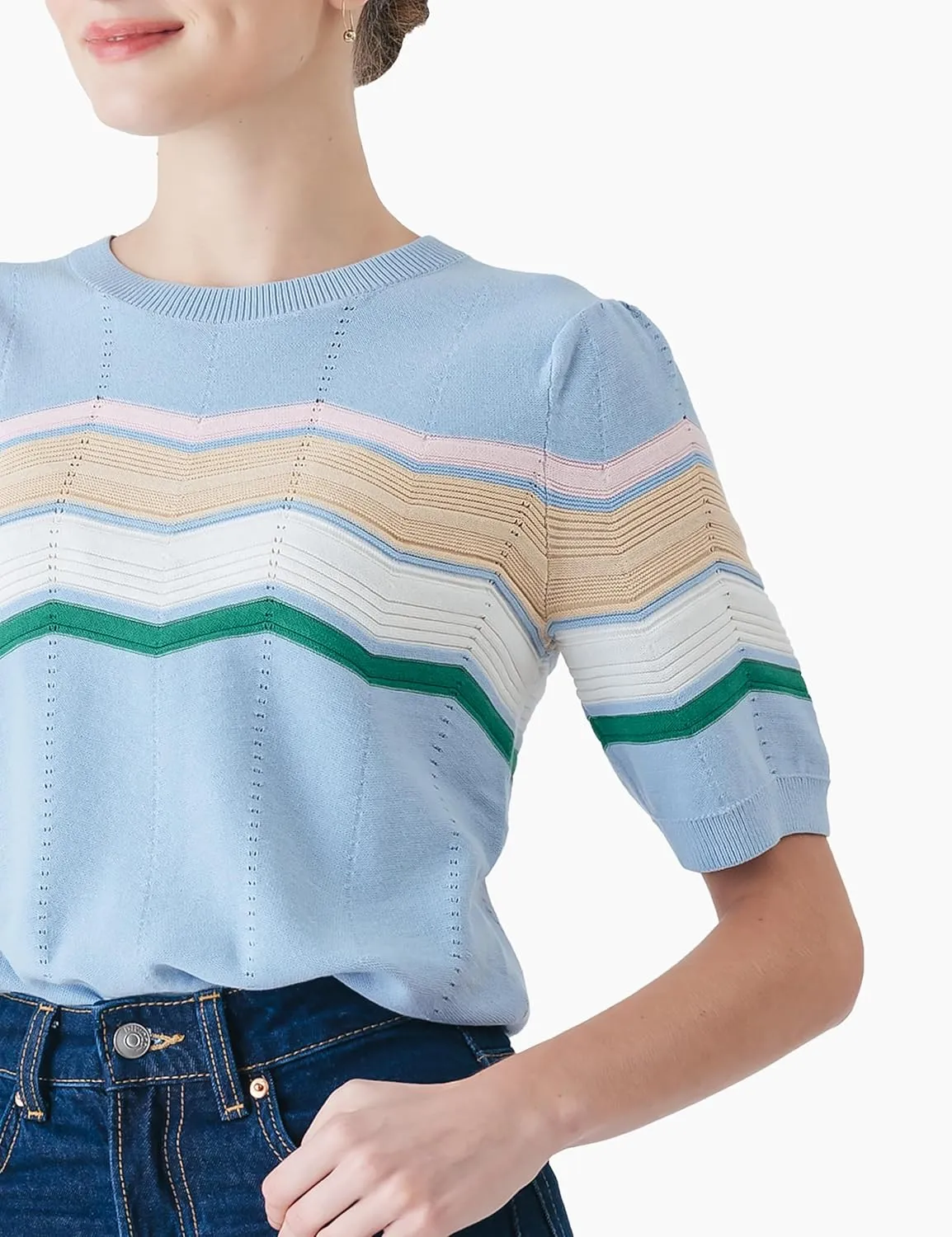 Cable Stitch Women's Zig Zag Stitch Short Sleeve Sweater - Crewneck Soft Cotton Pullover Knit Top