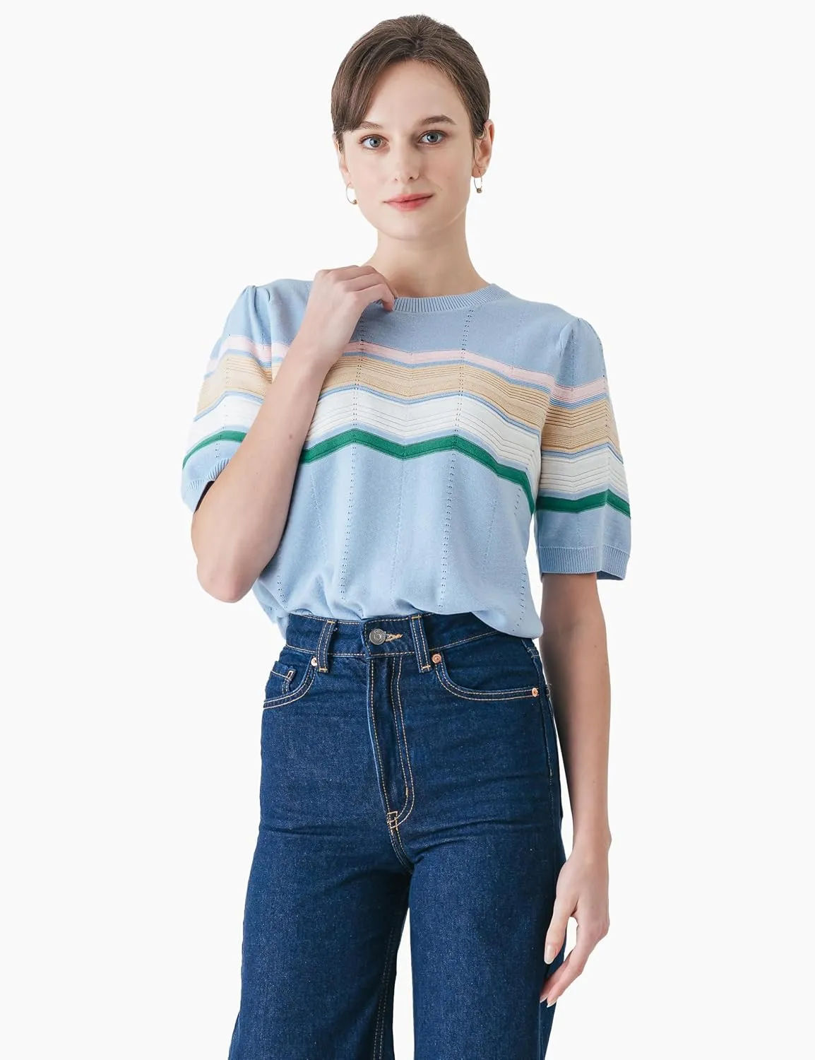 Cable Stitch Women's Zig Zag Stitch Short Sleeve Sweater - Crewneck Soft Cotton Pullover Knit Top