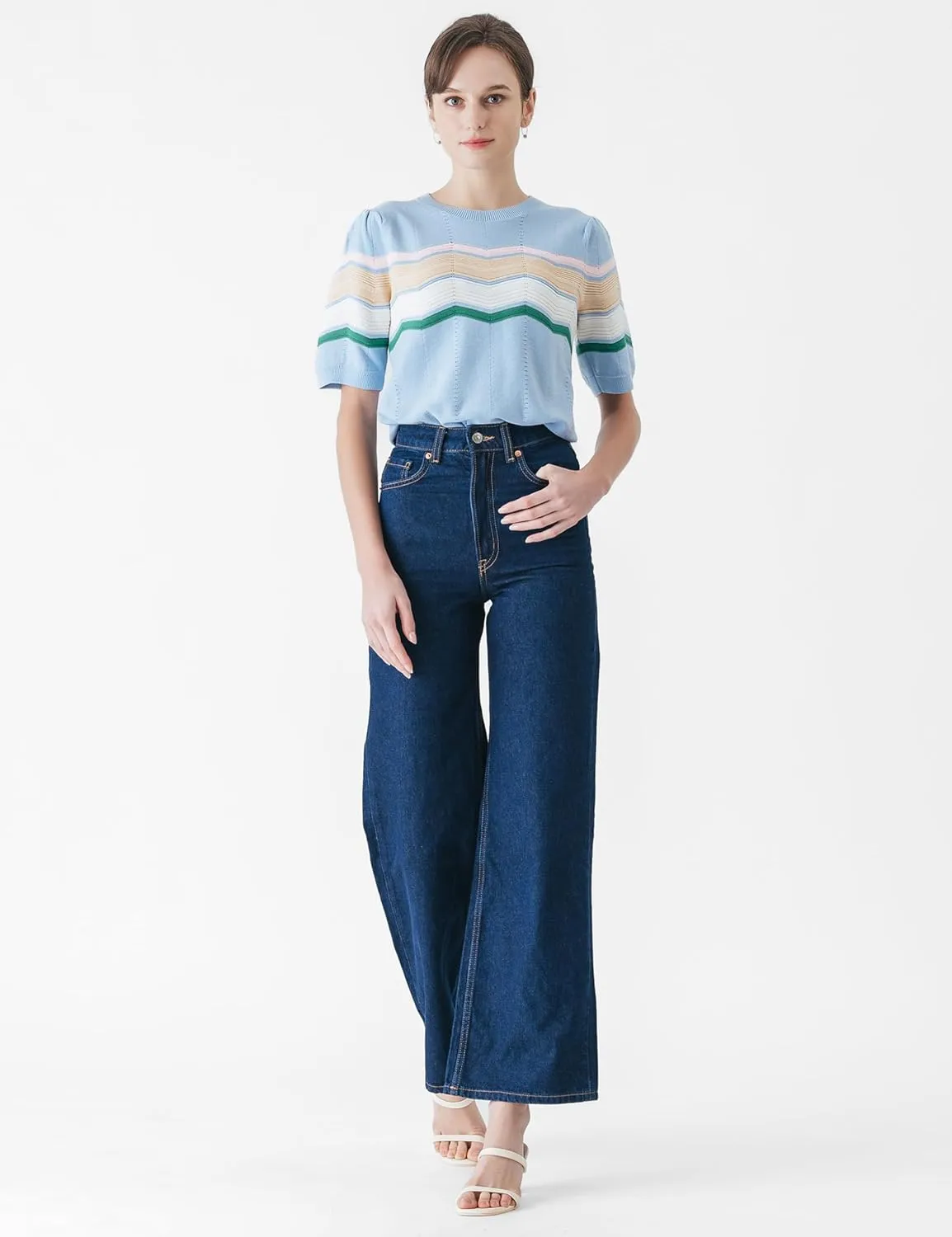 Cable Stitch Women's Zig Zag Stitch Short Sleeve Sweater - Crewneck Soft Cotton Pullover Knit Top