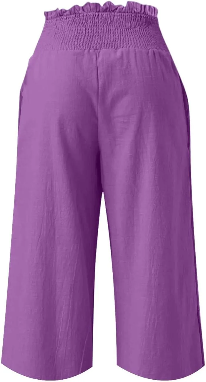 Capri Pants for Women Lightweight Summer High Waisted Wide Leg Palazzo Trousers with Pockets Travel Vacation Outfits