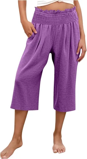 Capri Pants for Women Lightweight Summer High Waisted Wide Leg Palazzo Trousers with Pockets Travel Vacation Outfits
