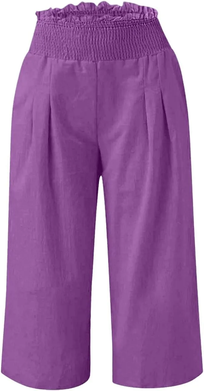 Capri Pants for Women Lightweight Summer High Waisted Wide Leg Palazzo Trousers with Pockets Travel Vacation Outfits