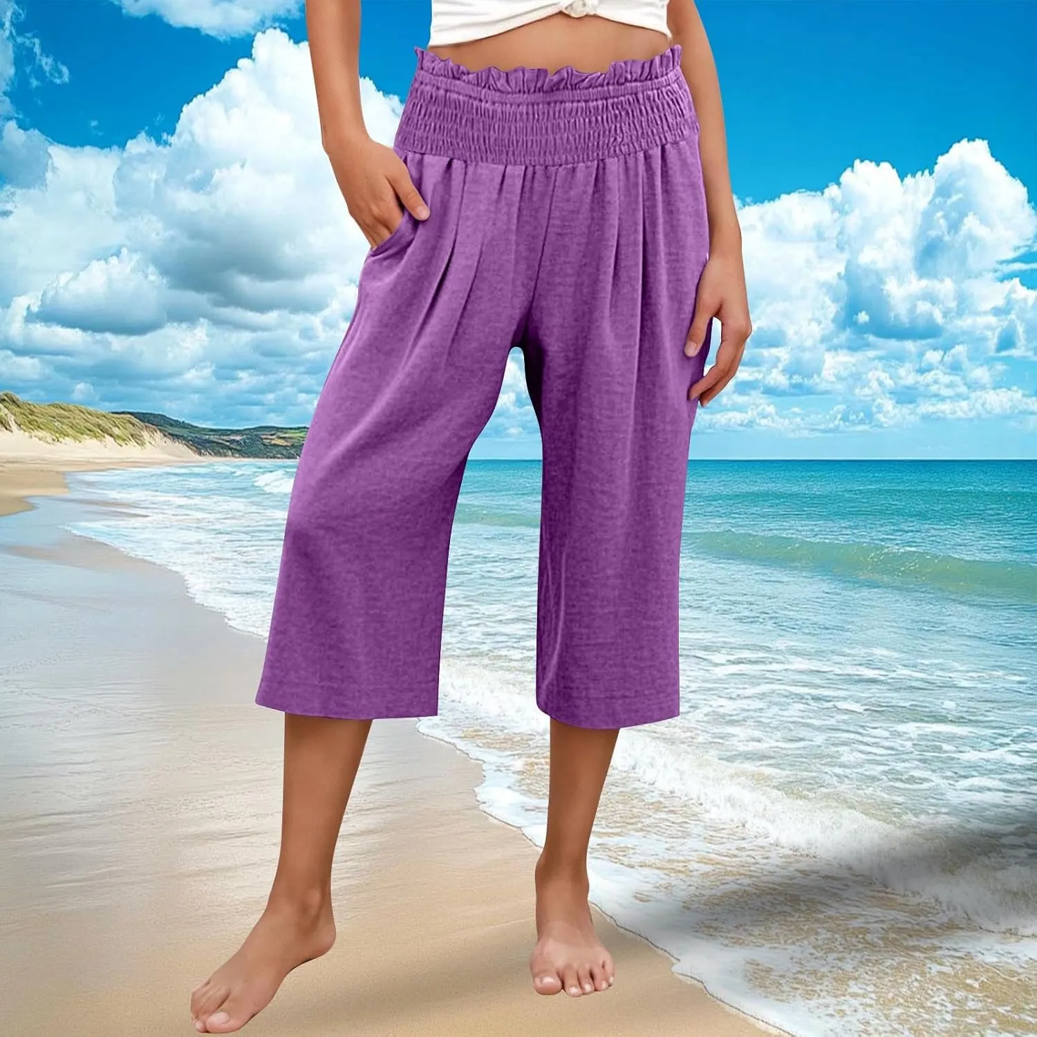 Capri Pants for Women Lightweight Summer High Waisted Wide Leg Palazzo Trousers with Pockets Travel Vacation Outfits