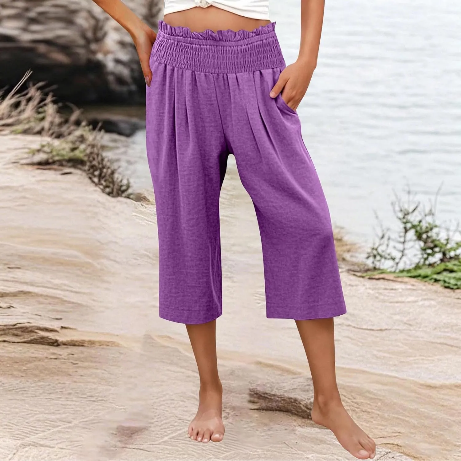 Capri Pants for Women Lightweight Summer High Waisted Wide Leg Palazzo Trousers with Pockets Travel Vacation Outfits