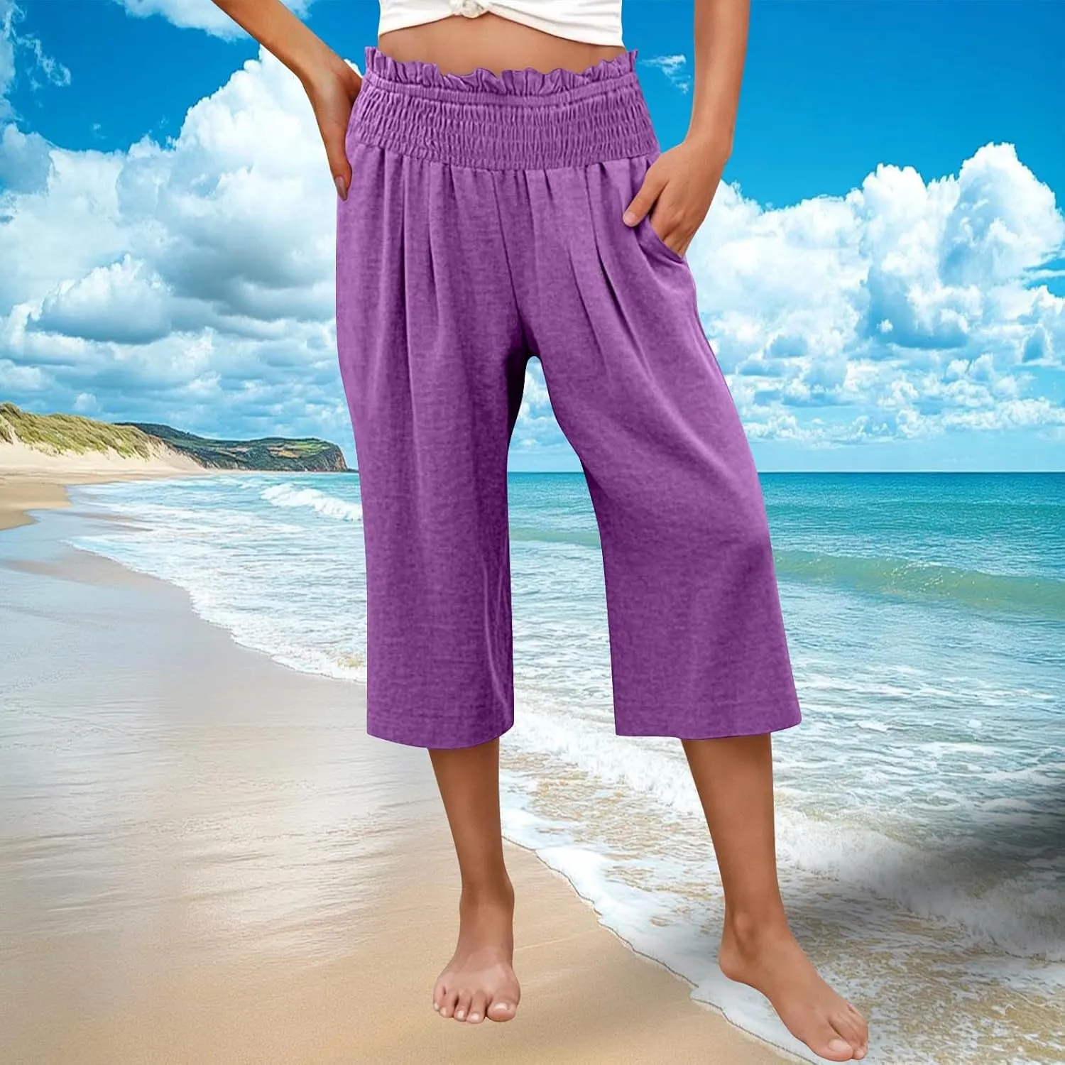 Capri Pants for Women Lightweight Summer High Waisted Wide Leg Palazzo Trousers with Pockets Travel Vacation Outfits