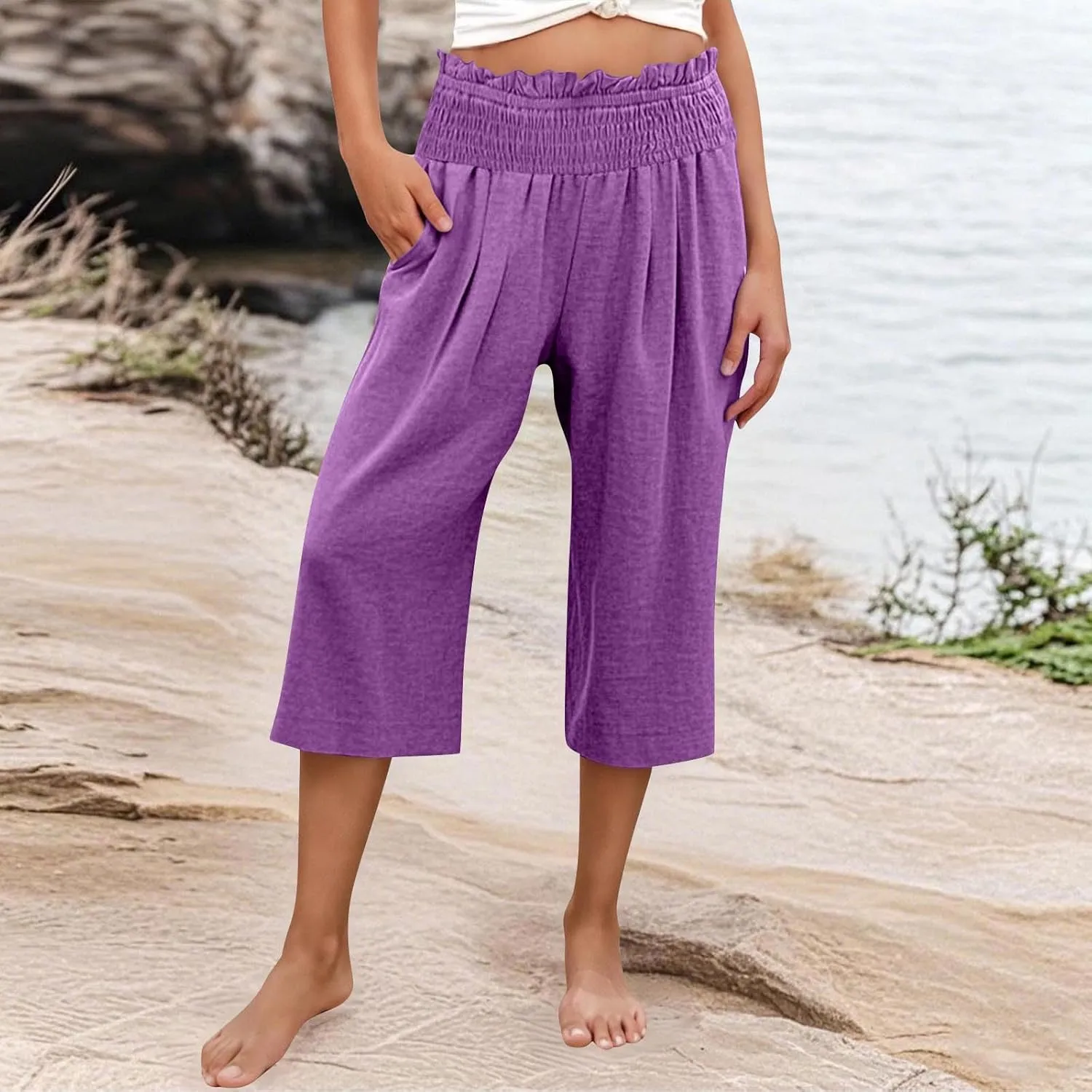 Capri Pants for Women Lightweight Summer High Waisted Wide Leg Palazzo Trousers with Pockets Travel Vacation Outfits