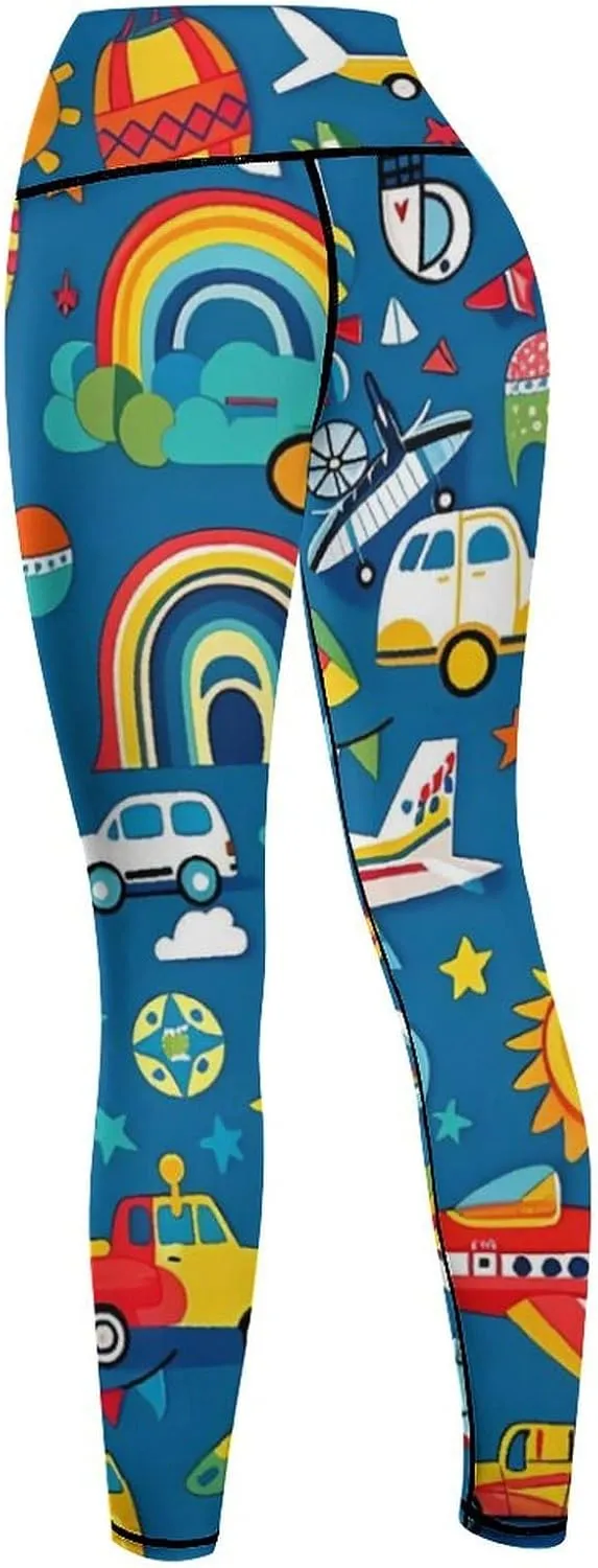 Car Airplane Hot Air Balloon High Waisted Leggings for Women Print Athletic Tummy Control Pants