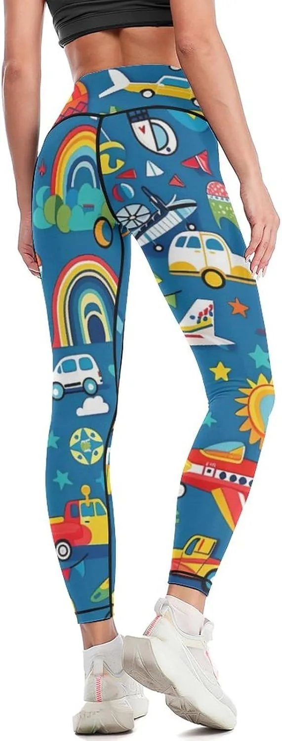 Car Airplane Hot Air Balloon High Waisted Leggings for Women Print Athletic Tummy Control Pants