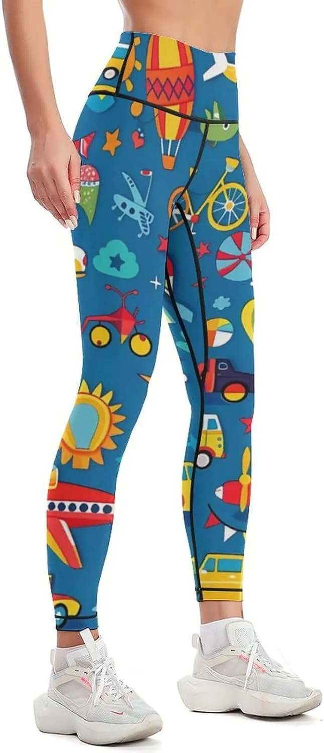 Car Airplane Hot Air Balloon High Waisted Leggings for Women Print Athletic Tummy Control Pants