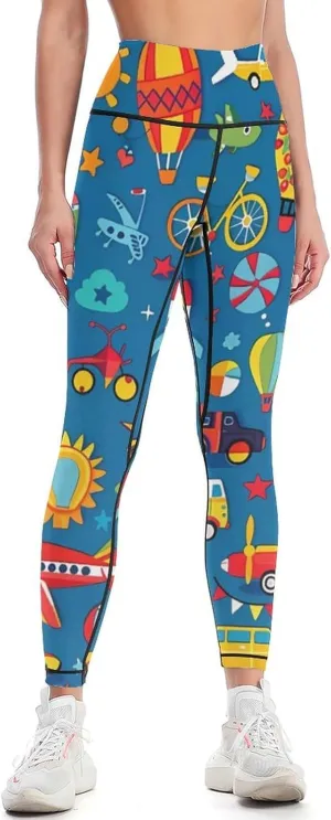 Car Airplane Hot Air Balloon High Waisted Leggings for Women Print Athletic Tummy Control Pants