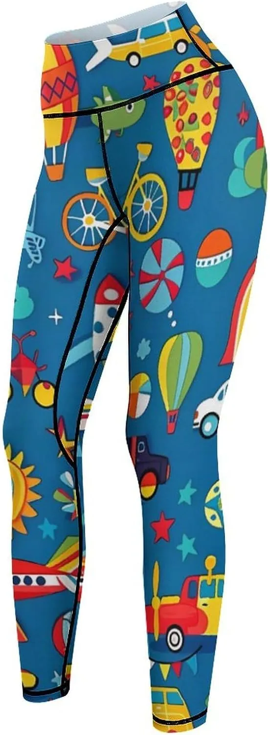 Car Airplane Hot Air Balloon High Waisted Leggings for Women Print Athletic Tummy Control Pants