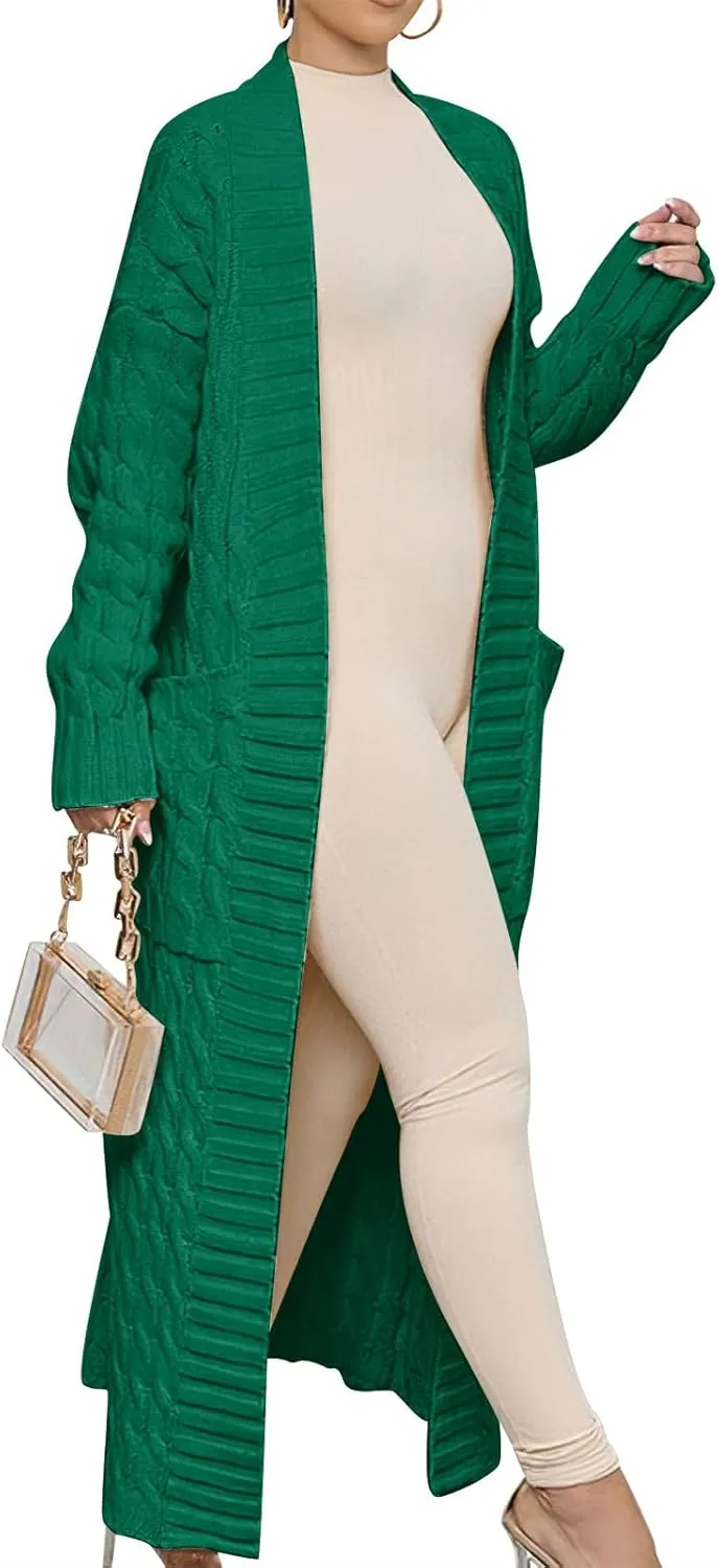 Caracilia Womens Long Cardigan Sweaters 2025 Fall Open Front Coat Long Sleeve Cable Knit Maxi Outerwear Trendy Jacket Clothes
