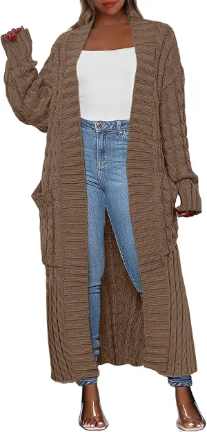 Caracilia Womens Long Cardigan Sweaters 2025 Fall Open Front Coat Long Sleeve Cable Knit Maxi Outerwear Trendy Jacket Clothes