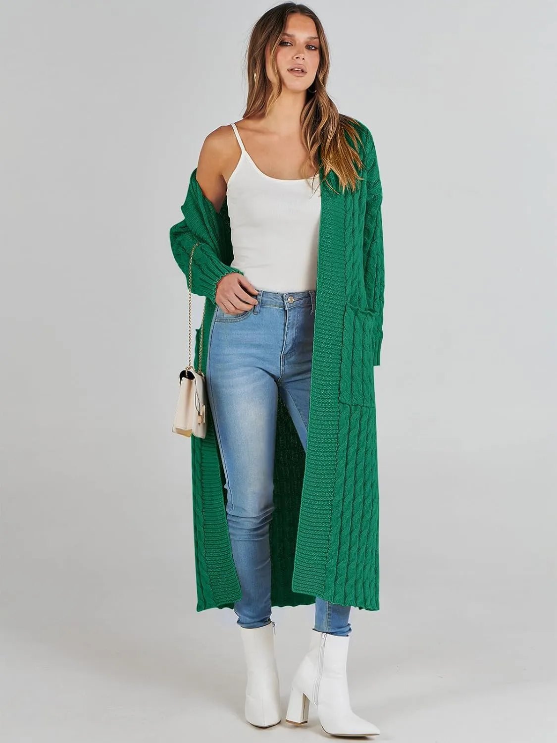 Caracilia Womens Long Cardigan Sweaters 2025 Fall Open Front Coat Long Sleeve Cable Knit Maxi Outerwear Trendy Jacket Clothes