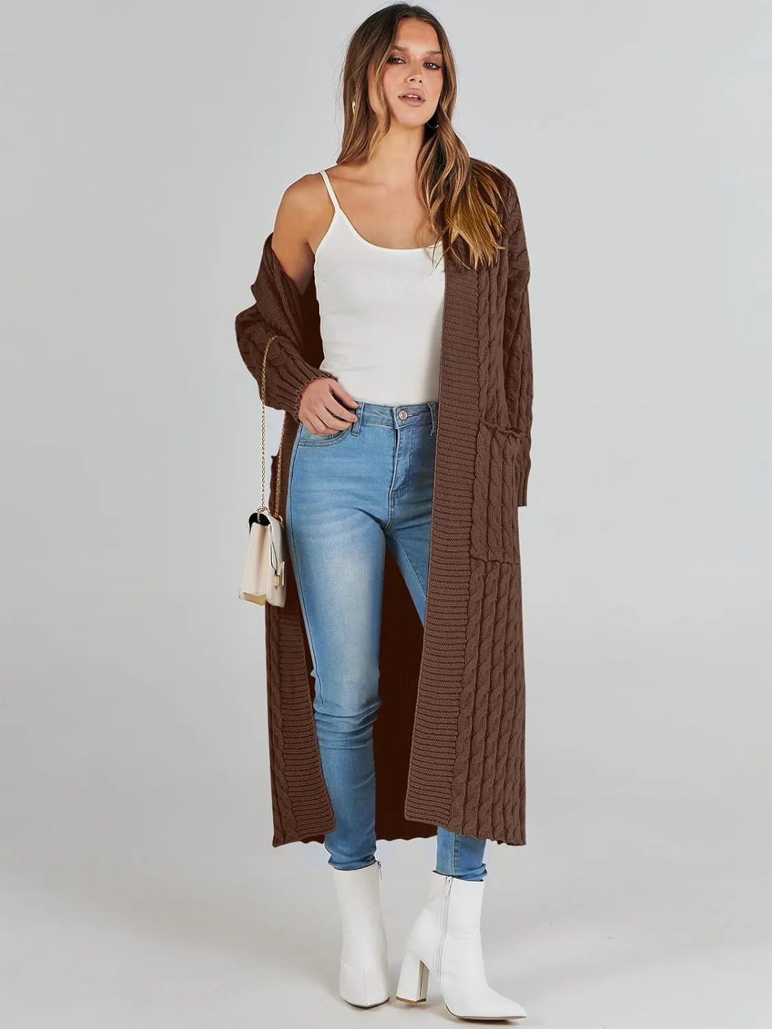 Caracilia Womens Long Cardigan Sweaters 2025 Fall Open Front Coat Long Sleeve Cable Knit Maxi Outerwear Trendy Jacket Clothes