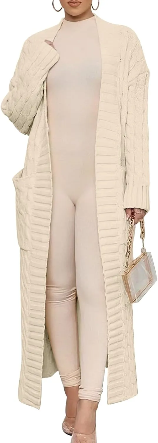 Caracilia Womens Long Cardigan Sweaters 2025 Fall Open Front Coat Long Sleeve Cable Knit Maxi Outerwear Trendy Jacket Clothes