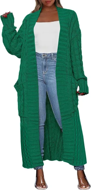 Caracilia Womens Long Cardigan Sweaters 2025 Fall Open Front Coat Long Sleeve Cable Knit Maxi Outerwear Trendy Jacket Clothes