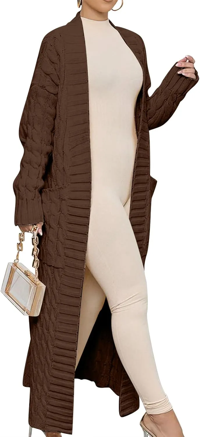 Caracilia Womens Long Cardigan Sweaters 2025 Fall Open Front Coat Long Sleeve Cable Knit Maxi Outerwear Trendy Jacket Clothes