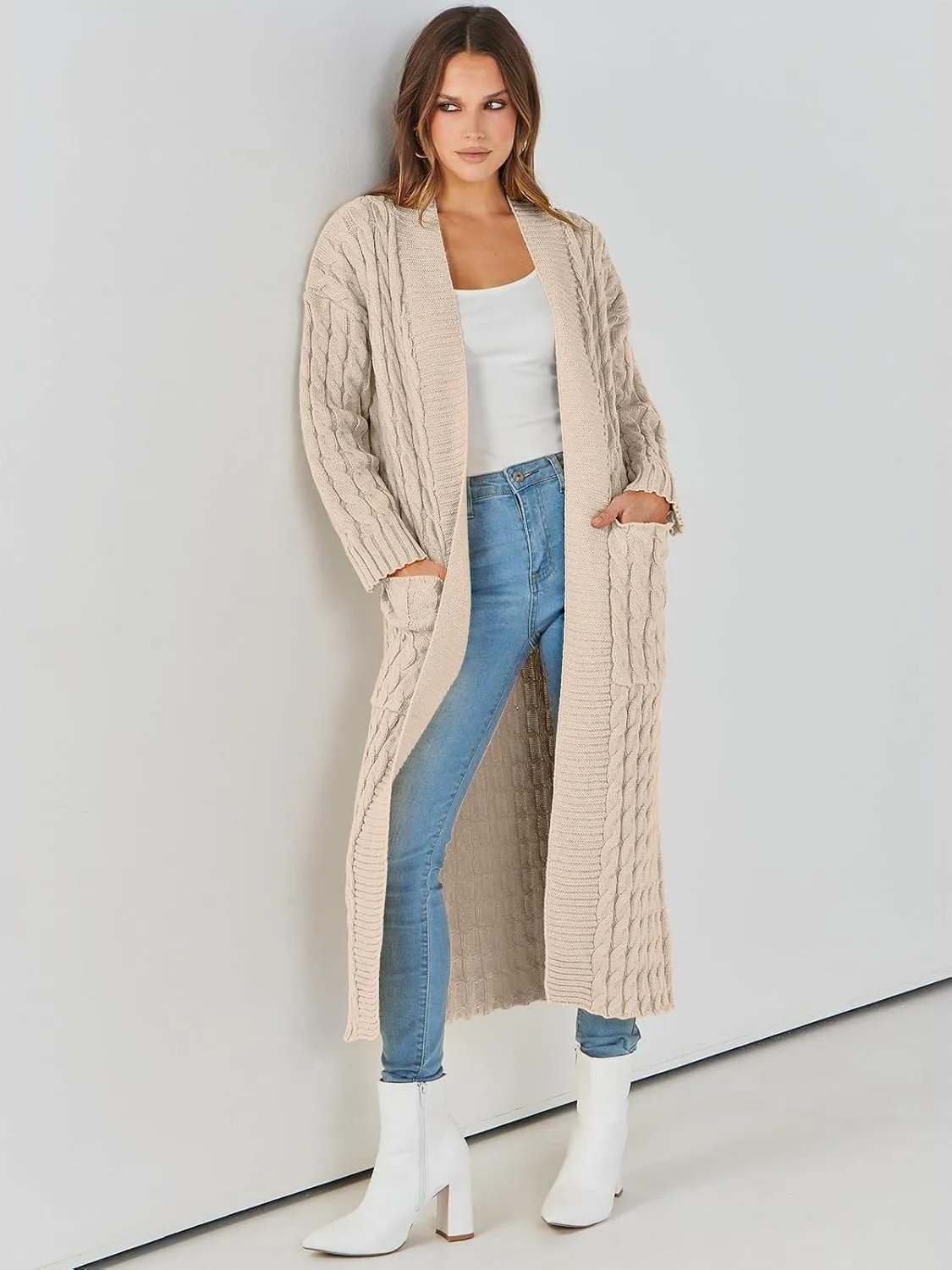Caracilia Womens Long Cardigan Sweaters 2025 Fall Open Front Coat Long Sleeve Cable Knit Maxi Outerwear Trendy Jacket Clothes