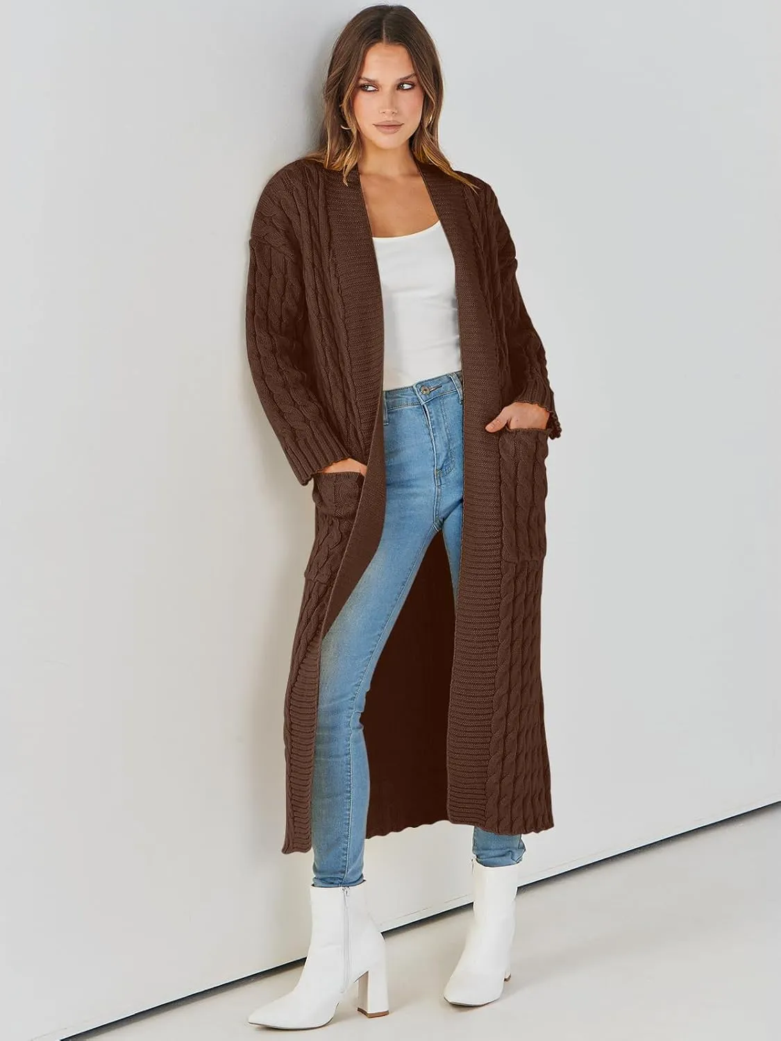 Caracilia Womens Long Cardigan Sweaters 2025 Fall Open Front Coat Long Sleeve Cable Knit Maxi Outerwear Trendy Jacket Clothes