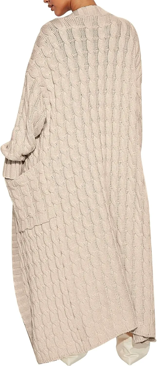 Caracilia Womens Long Cardigan Sweaters 2025 Fall Open Front Coat Long Sleeve Cable Knit Maxi Outerwear Trendy Jacket Clothes