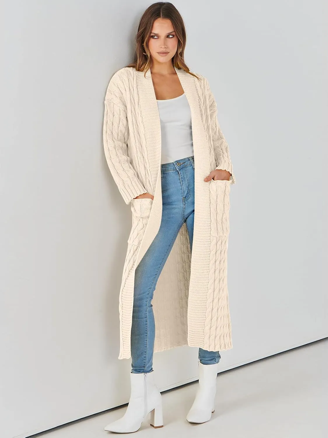 Caracilia Womens Long Cardigan Sweaters 2025 Fall Open Front Coat Long Sleeve Cable Knit Maxi Outerwear Trendy Jacket Clothes