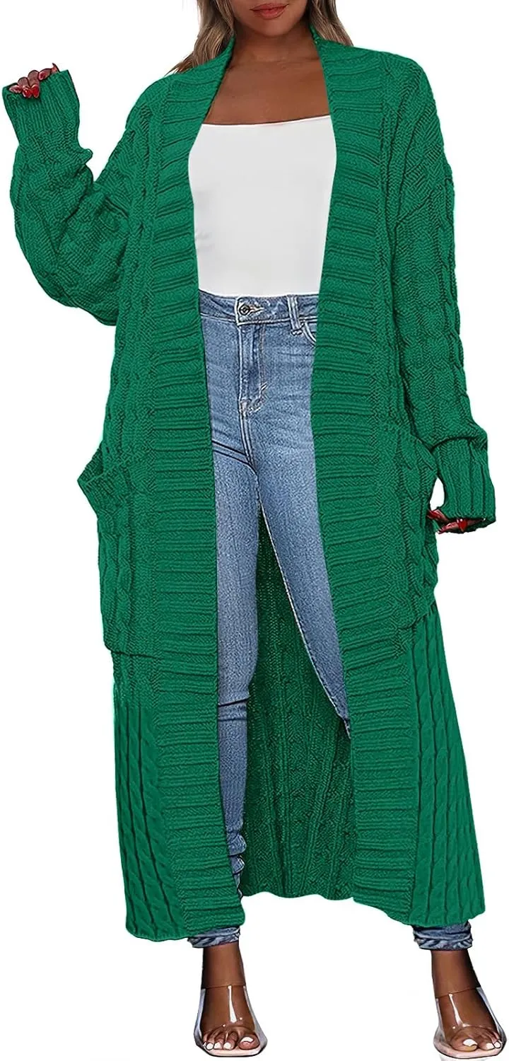 Caracilia Womens Long Cardigan Sweaters 2025 Fall Open Front Coat Long Sleeve Cable Knit Maxi Outerwear Trendy Jacket Clothes