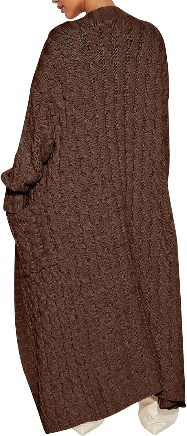 Caracilia Womens Long Cardigan Sweaters 2025 Fall Open Front Coat Long Sleeve Cable Knit Maxi Outerwear Trendy Jacket Clothes