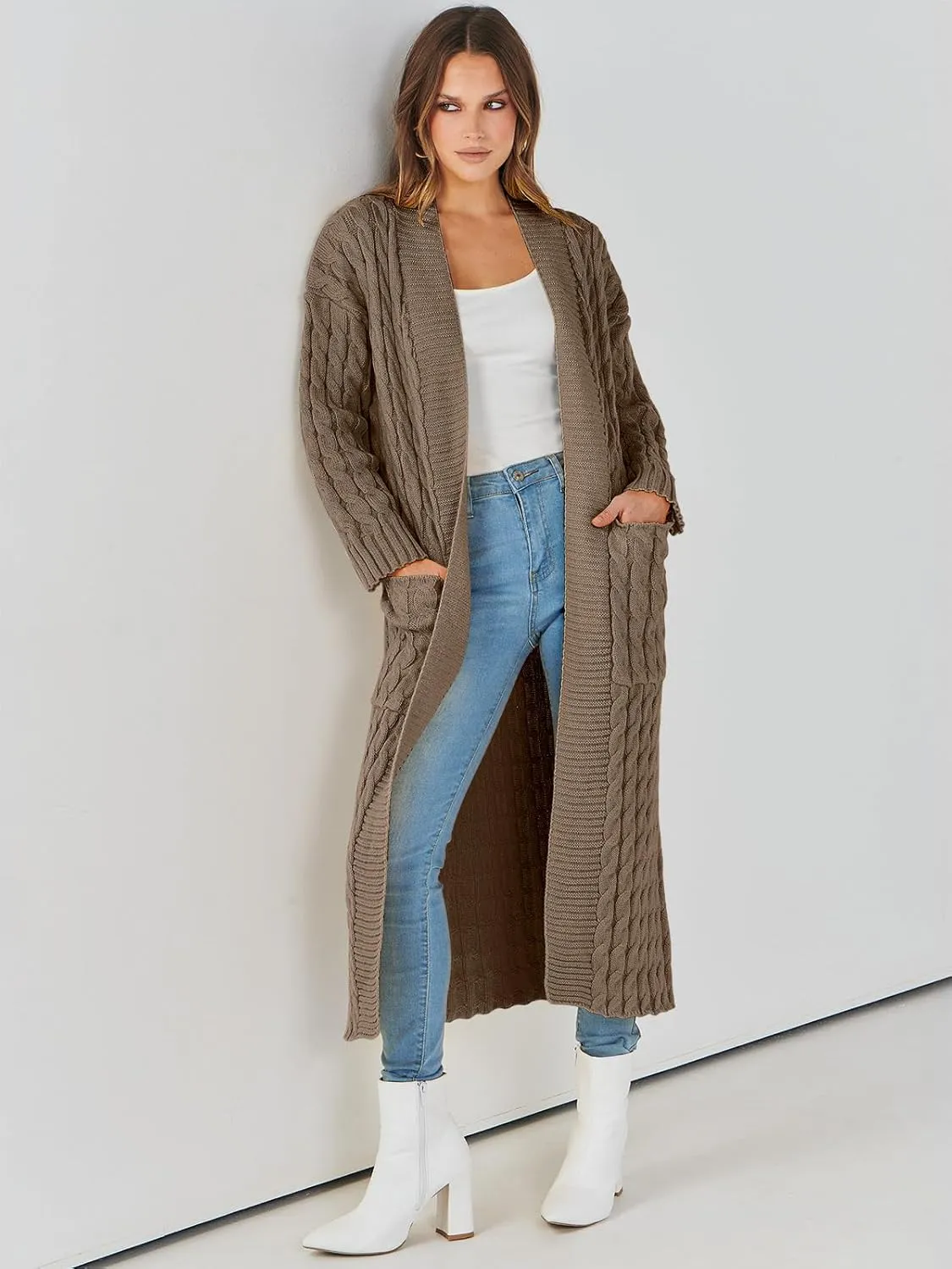 Caracilia Womens Long Cardigan Sweaters 2025 Fall Open Front Coat Long Sleeve Cable Knit Maxi Outerwear Trendy Jacket Clothes